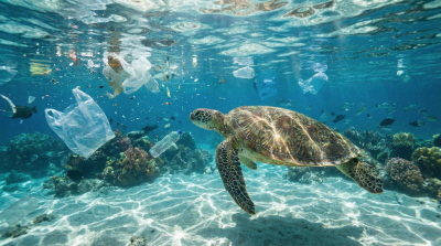 Schildkr&ouml;te im Meer voller Plastik